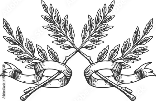 Two crossed laurel branches with flowing ribbons vintage decorative elements, heraldic illustration