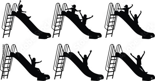 Children playground slide silhouette set, kids playing and having fun, outdoor activity illustration, childhood recreation concept, black vector design
