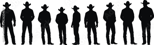 Cowboy Silhouette Collection Featuring American West Characters Wearing Traditional Hats And Boots For Country Theme Graphic Design And Vector Illustration.