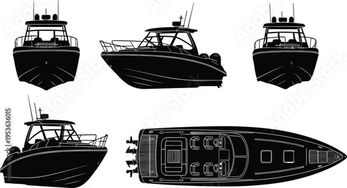 Collection of five motorboat silhouette views including front, side, and top perspectives with cabin, outboard motors, and deck layout for marine design illustration