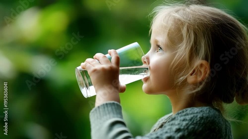 Happy child drinking clean water from a glass outdoors on a sunny day.