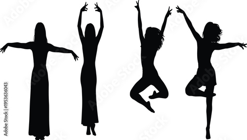 Collection of four dancing silhouettes in black, showcasing elegant classical poses with dresses and dynamic modern movements, ideal for design, art, and illustration