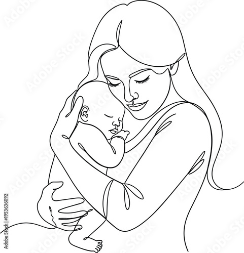 Minimalist continuous line drawing of mother holding newborn baby, maternal love concept, parenting care symbol, family bonding moment, modern vector outline illustration