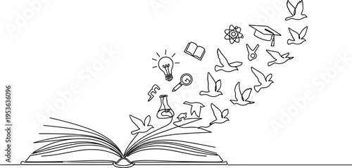 Open book releasing knowledge icons birds line art illustration symbolizing education learning creativity imagination minimal conceptual vector design