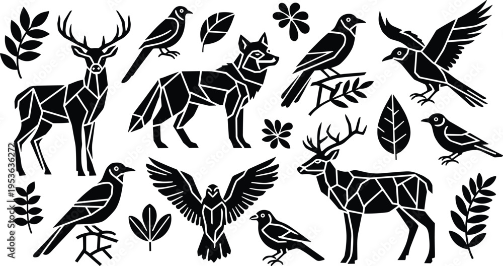 Obraz premium Geometric Wildlife Animal Vector Set, Deer Fox Birds Polygon Style Collection, Nature Forest Modern Clipart Design