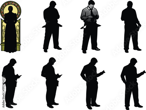Reading silhouette figures, book posture icons, study illustration design, knowledge graphic set, learning gesture silhouettes, academic focus outline, intellectual activity symbols
