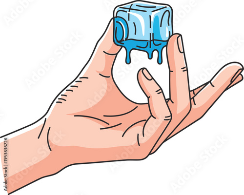 Human hand delicately holds a melting ice cube, illustrating the concept of heat transfer and coldness.