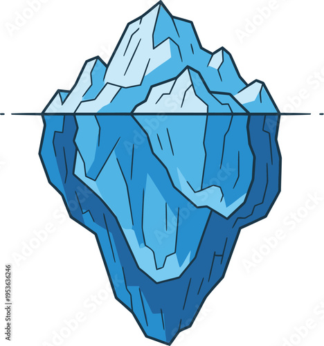 Massive iceberg graphic clearly shows the submerged portion underwater, illustrating the concept of hidden depth or unseen problems.