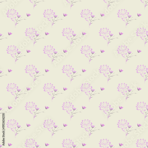 Elegant minimal seamless pattern with small purple flowers on neutral background. Perfect for fabric, wallpaper, packaging and modern textile design.