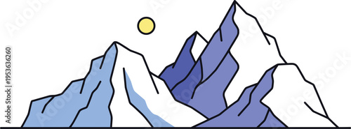 Snowy mountain range peaks are illuminated by a bright yellow sun in a clear, stylized landscape drawing.