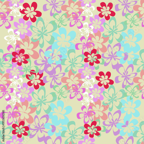 Colorful seamless floral vector pattern with retro style flowers on soft cream background. Ideal for fabric, wallpaper, textile, wrapping paper and surface design.