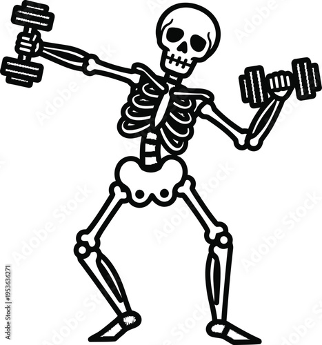 Skeleton figure is actively lifting two dumbbells in a weight training pose demonstrating commitment to physical fitness.