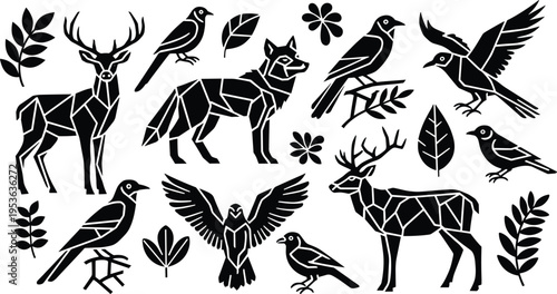 Geometric Wildlife Animal Vector Set, Deer Fox Birds Polygon Style Collection, Nature Forest Modern Clipart Design