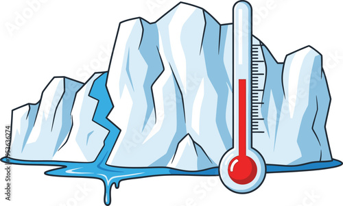 Thermometer next to a melting iceberg illustrates the concept of global warming and rising temperatures.