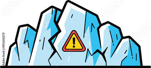 Cracked iceberg displays a prominent yellow warning triangle sign indicating environmental hazard or instability.