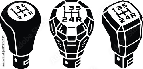 Black and White Line Art Collection of Diverse Car Gear Shifters for Automotive Industry
