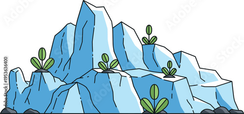 Blue iceberg features small green sprouts emerging from the icy peaks, symbolizing fragile life or adaptation in harsh environments.