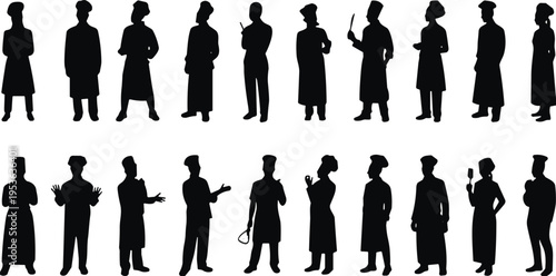 Chef silhouettes, cooking poses, culinary art, kitchen utensils, professional chef, food industry, black silhouette, gastronomy, restaurant staff, culinary design
