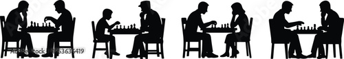 Chess silhouettes, players at table, strategic game, concentration art, black silhouette, board game, intellectual sport, competition, focus, lifestyle design