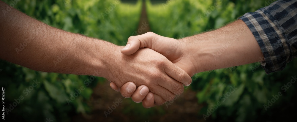 Naklejka premium Collaborative handshake in a thriving vibrant vineyard representing agricultural partnership and growth