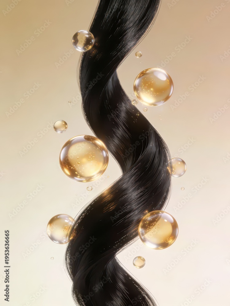 Obraz premium Black hair strands interweave with golden nourishing liquid bubbles, intuitively showing the deep nourishing effect of hair care, making it a material image suitable for hair, hair quality and hair no