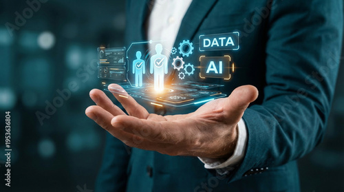 Agentic AI and Human-Machine Collaboration Concept with Businessman Holding Futuristic Hologram Interface Representing Artificial Intelligence Synergy and Data Analytics