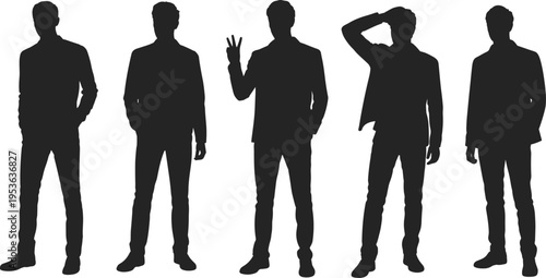Business suit silhouettes, formal attire icons, professional posture illustration, nonverbal gesture design, corporate figure graphic, office body language set