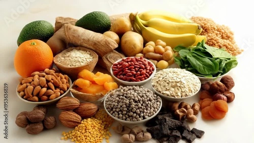 Variety of dried fruits, berries, nuts, legumes, and greens rich in potassium in wooden bowls on a dark background
