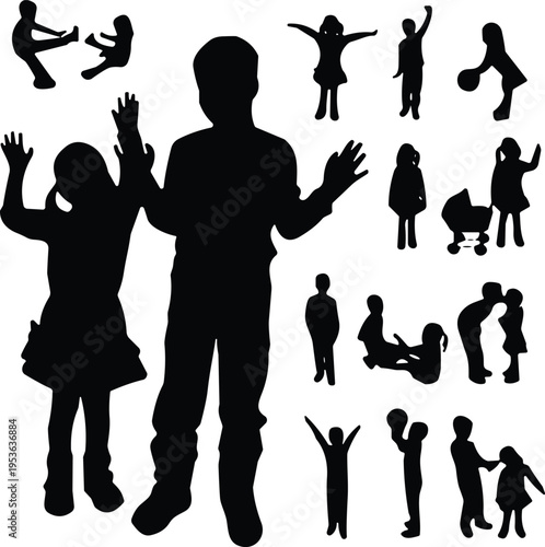 Black silhouette set of German Shepherd dog training jumping sitting and lying down 