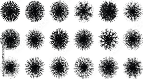 Collection of twenty abstract spiky circular shapes in black silhouettes, radial burst patterns, particle cluster designs, and geometric ornamental visualization art