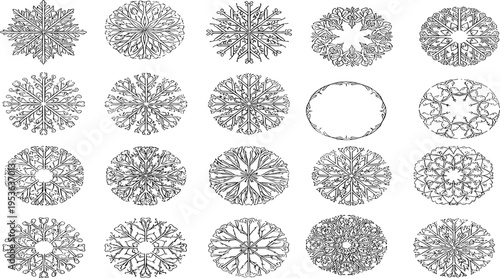 Collection of twenty circular symmetrical snowflake mandala patterns with intricate geometric and organic motifs, radial lace designs, decorative ornamental abstract art