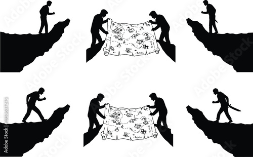 Silhouettes of explorers standing on mountain peaks and two people holding a treasure map, concept of discovery, strategy, and travel