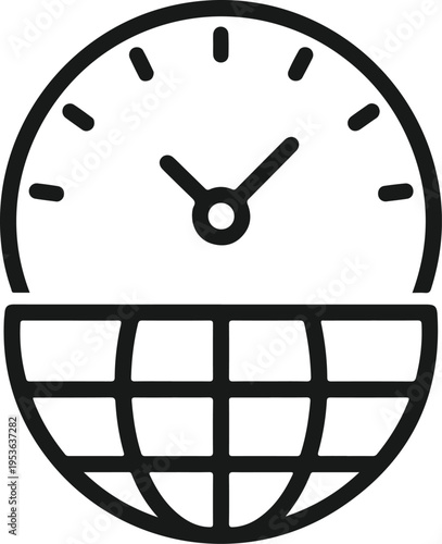 Global time management icon showing clock face merging with earth grid symbolizing worldwide scheduling and international business hours