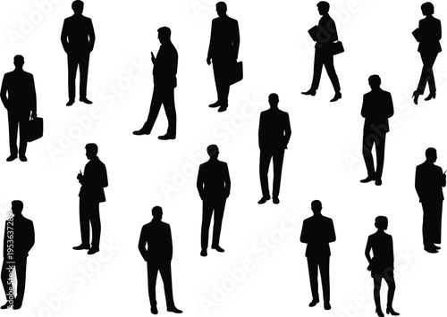 Business professional silhouettes, corporate attire icons, workplace diversity illustration, office figure design, networking posture graphic, career representation set, professional team silhouettess