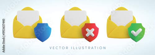 Vector cartoon 3d secure email icon set. 3d render open yellow envelope with blue, green, red shield. Electronic mail protection, cyber security, verified mail, protected message concept, anti spam.