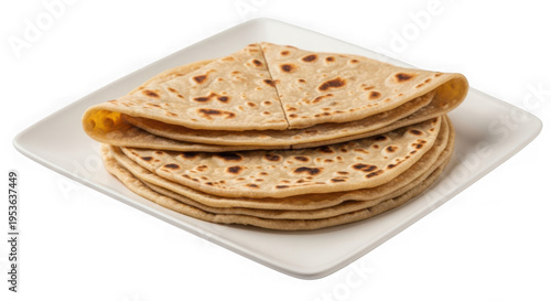 A stack of flatbread on a plate isolated on transparent background