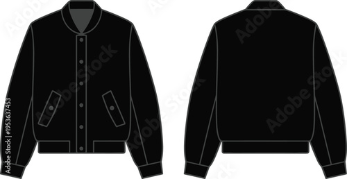 Front and back black bomber jacket flat sketch, technical fashion drawing for outerwear design, vector illustration for clothing design presentation