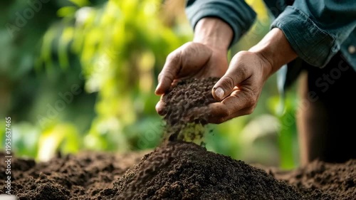 A close-up dynamic shot of a pair of hands with sleeves rolled up, sifting fertile soil