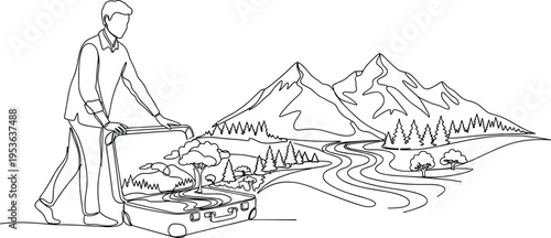 Minimalist continuous line drawing of traveler opening suitcase revealing mountain landscape, travel adventure concept, journey imagination, tourism inspiration, modern vector outline illustration