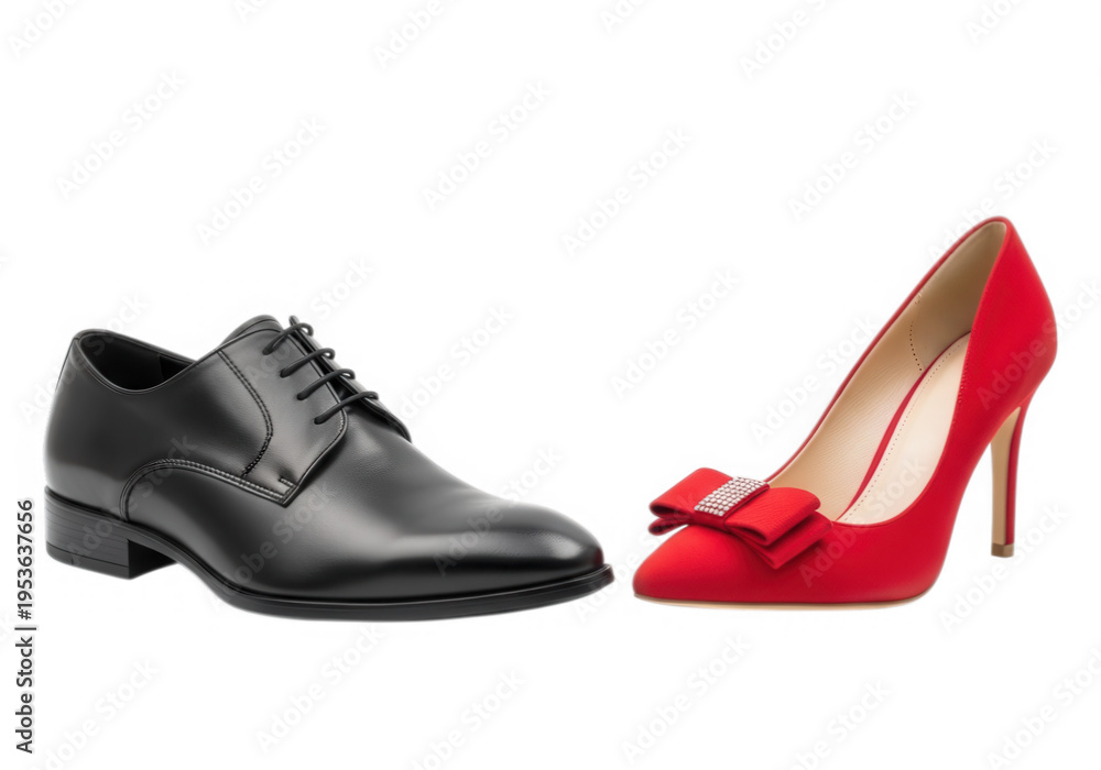 Naklejka premium A black loafer and a red high heel shoe isolated on transparent background