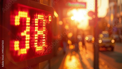 Street thermometer showing 38 Celsius degrees on a city street during heat wave.