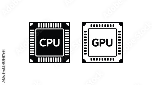 CPU GPU processor chip icon set, central and graphics processing unit symbols, microchip and circuit board vector icons, clean modern design for technology,