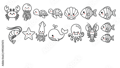 Vector set of cute sea animals, collection of marine creatures, crab, jellyfish, turtle, shell, fish, shrimp, starfish, squid, whale, octopus, lobster