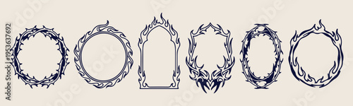 Ornate gothic mirror frame sketch, hand drawn antique border vector, vintage baroque frame design, decorative mystery border pattern, classical architectural frame art, dark aesthetic frame illustrati