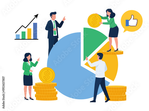 team of business people collaborating assemble pie chart golden coins thumbs up