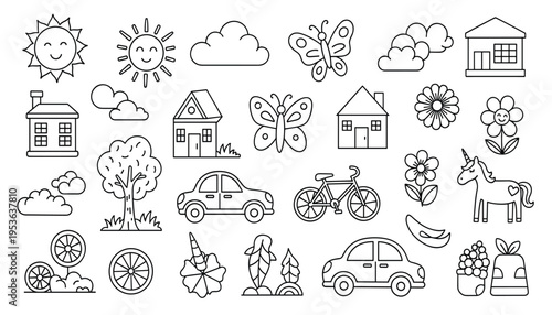 Vector set of cute doodle icons for coloring book, including sun, clouds, houses, butterflies, flowers, tree, car, bicycle, unicorn, and plants
