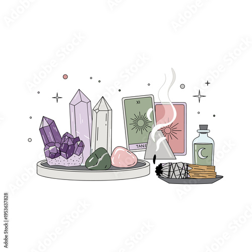Flat Vector Modern Witchcraft Altar with Healing Crystals