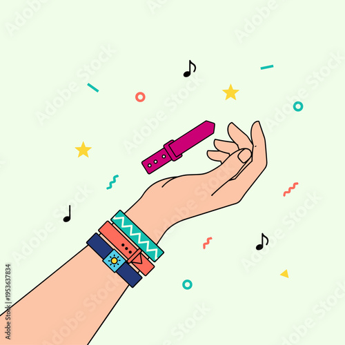 Flat Vector Illustration of Arm with Music Festival Wristbands