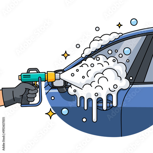 Flat Vector Illustration of Car Detailing Foam Wash Process