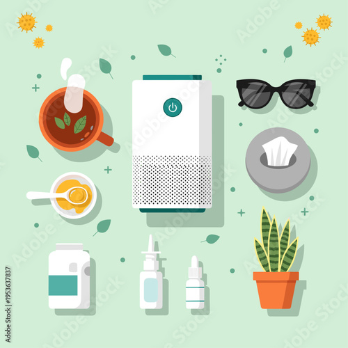 Flat Vector Illustration of Allergy Season Survival Essentials
